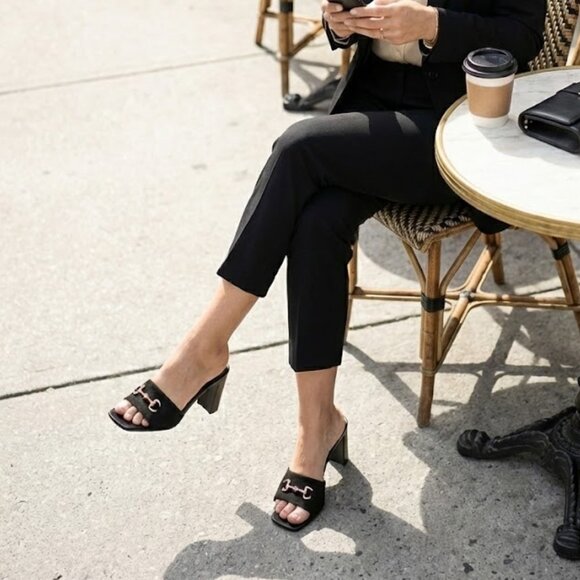 NWT Wild Diva Black Tweed Horsebit Slide Sandals Block Heel Mules Square Toe - Picture 2 of 6